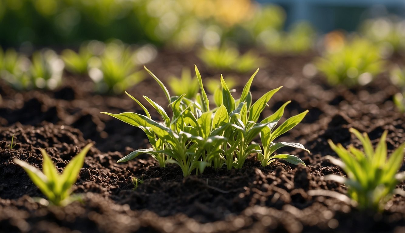 A garden with bare soil around plants, causing water loss and weed growth. Mulch is absent or too thick, suffocating plants. A proper layer of mulch surrounds plants, conserving moisture and suppressing weeds