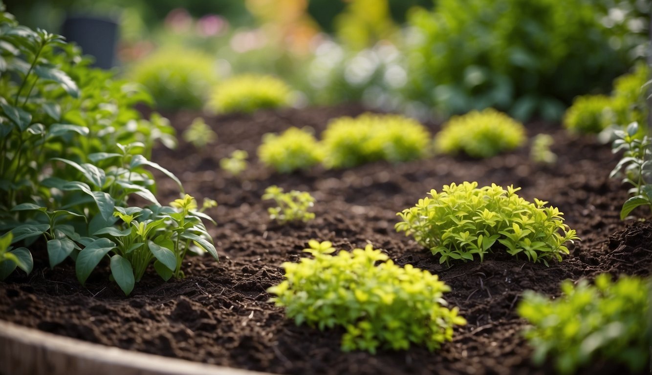 Lush garden with plants surrounded by mulch, showing protection and nourishment. Vibrant colors and healthy growth illustrate the importance of mulching for plant care