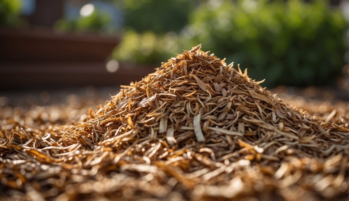 A variety of mulch options, such as wood chips, straw, and shredded leaves, spread around the base of plants in a garden