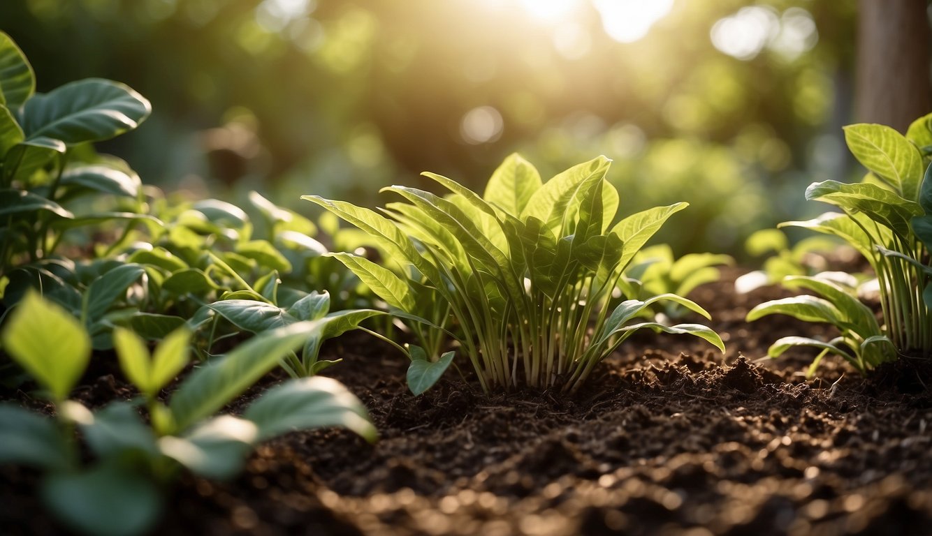 Lush garden with mulch-covered soil, surrounded by thriving plants. Sunlight filters through the leaves, highlighting the benefits of mulching for plant protection and nourishment