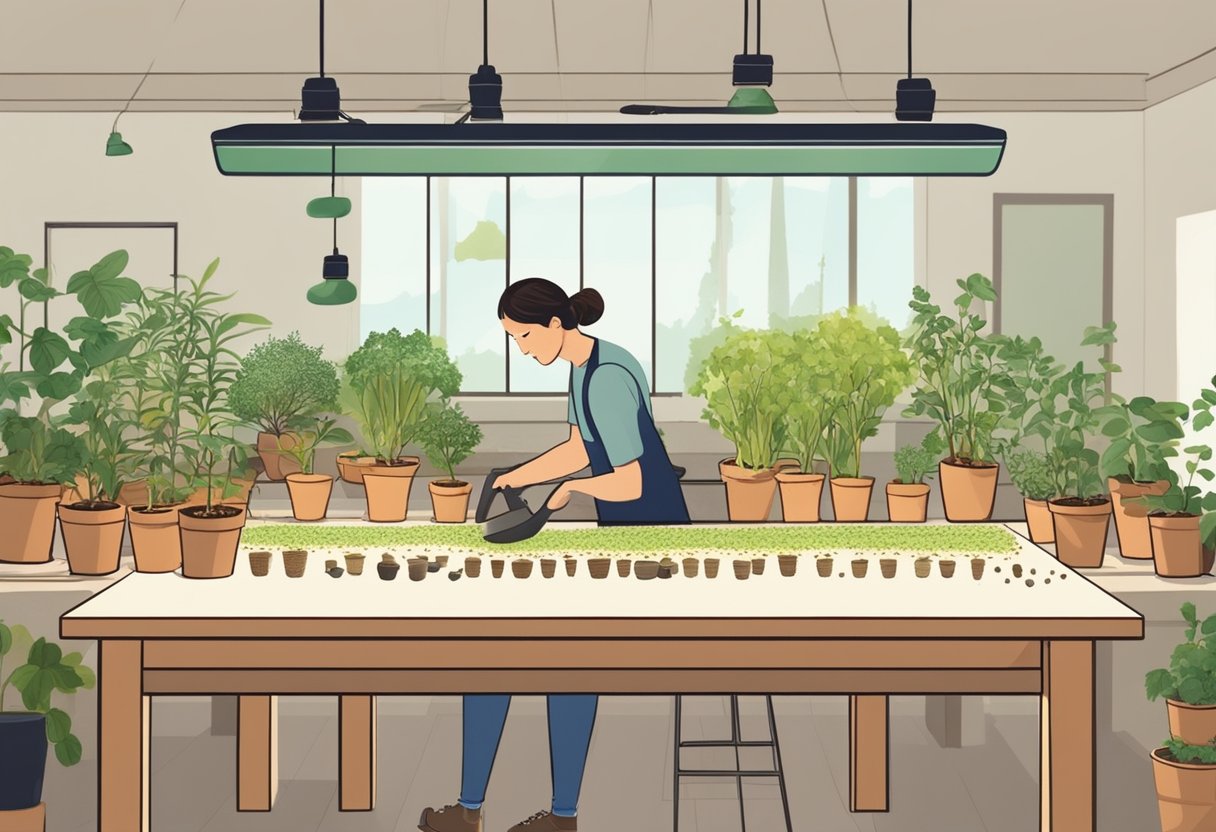 A table with trays of soil, seeds, and small pots. A person using a small shovel to plant seeds indoors. Grow lights overhead