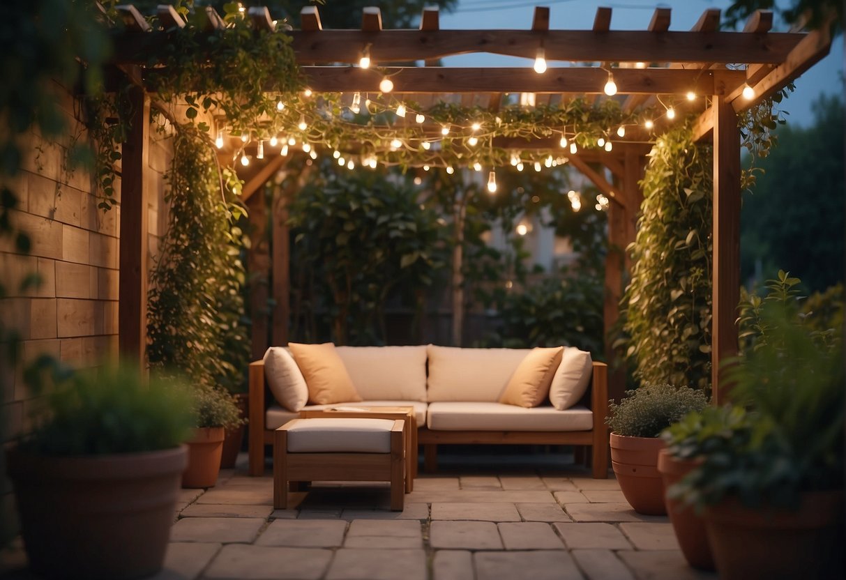 A cozy patio with a wooden pergola, draped with climbing vines and fairy lights, surrounded by potted plants and comfortable outdoor furniture
