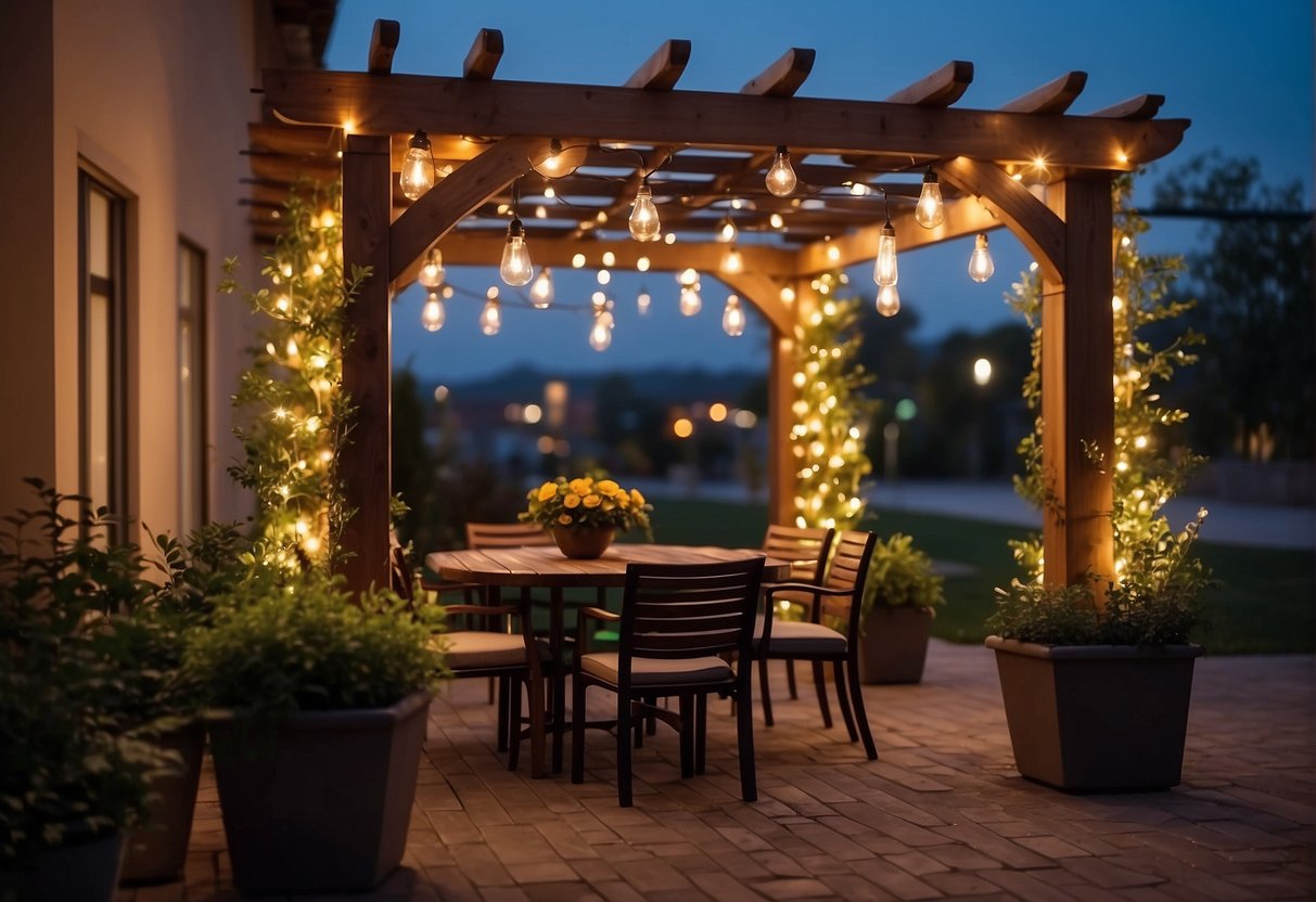 The patio pergola is illuminated by warm, soft lighting, creating a cozy and inviting atmosphere. The electrical features are discreetly integrated into the design, providing convenience without detracting from the aesthetic appeal