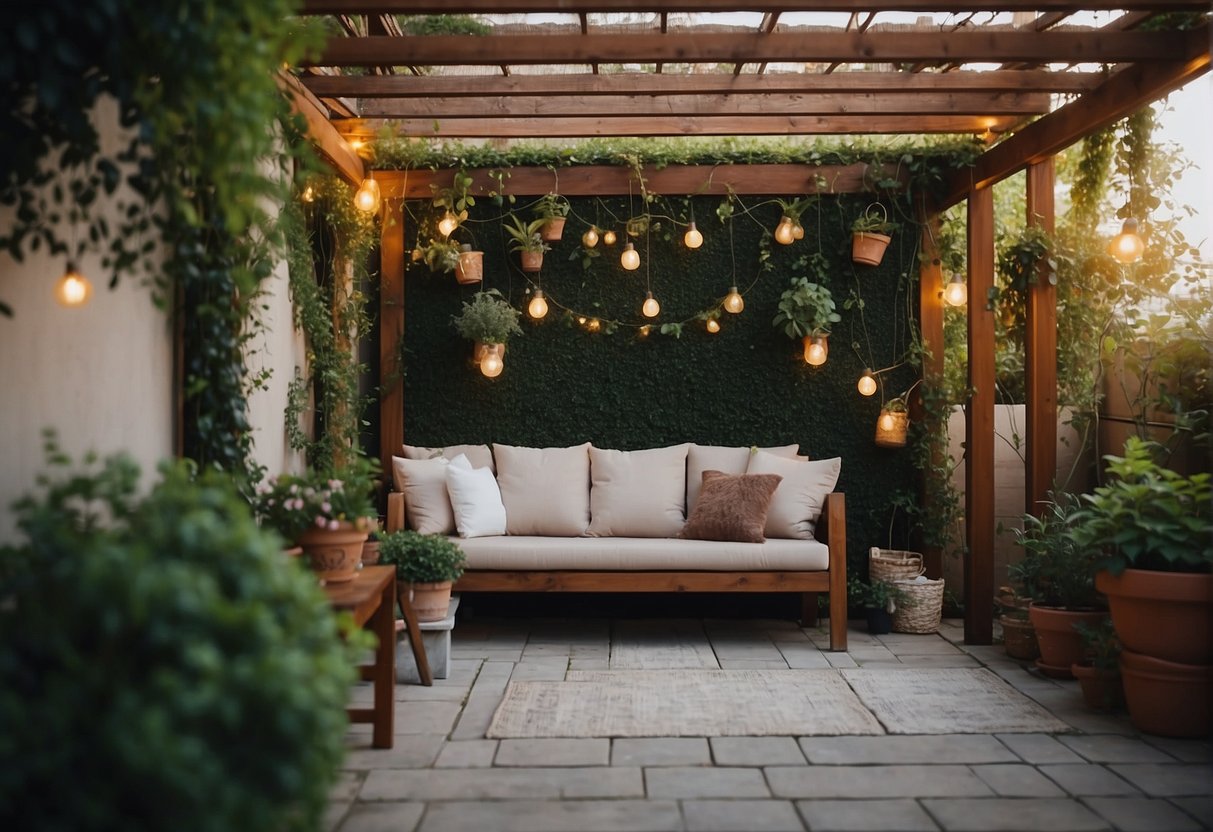 A cozy patio with a pergola adorned with string lights and climbing vines, surrounded by comfortable seating and potted plants