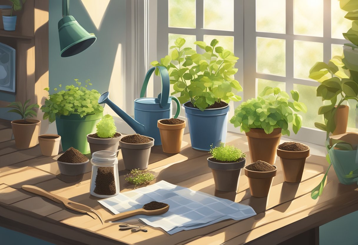 A table with seed packets, small pots, and soil. A watering can and gardening tools laid out. Sunlight streams through a nearby window