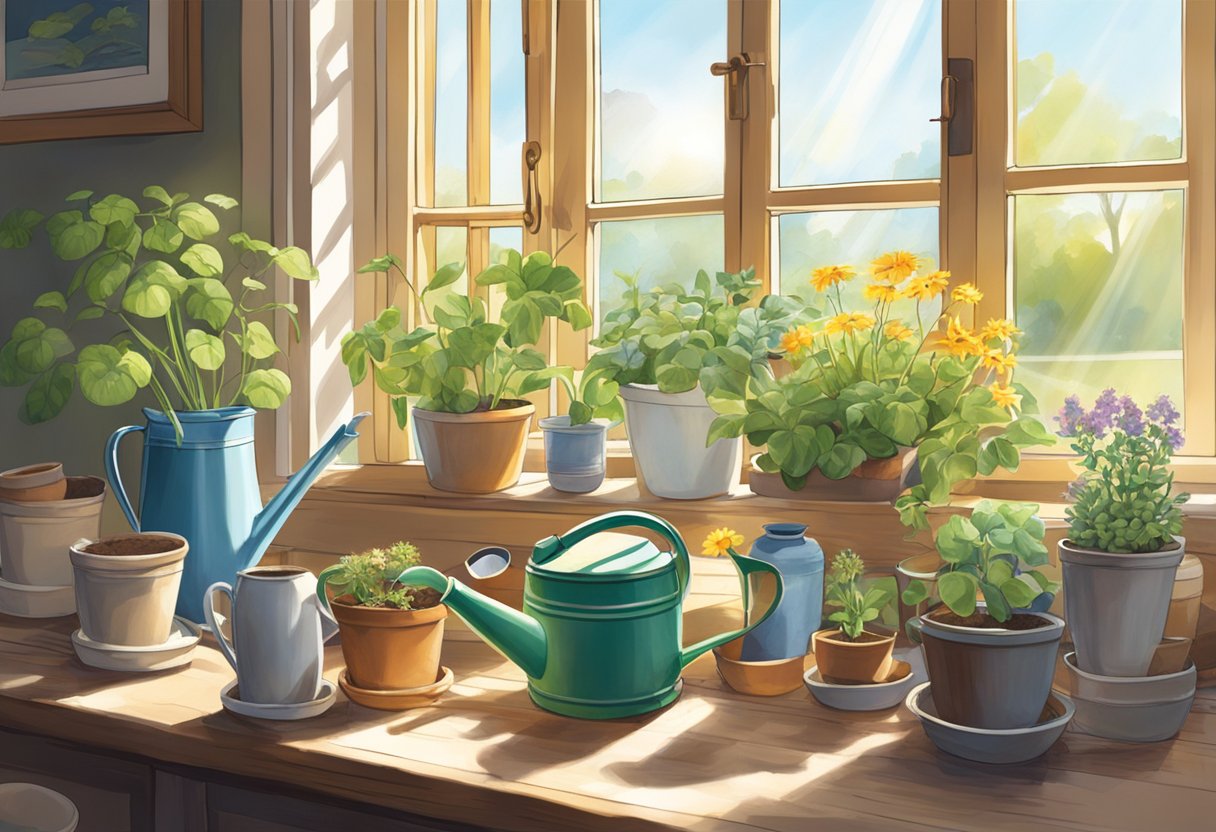 Bright sunlight streams through the open window, illuminating a cluttered table with seed packets, pots, and soil. A watering can sits nearby, ready for use