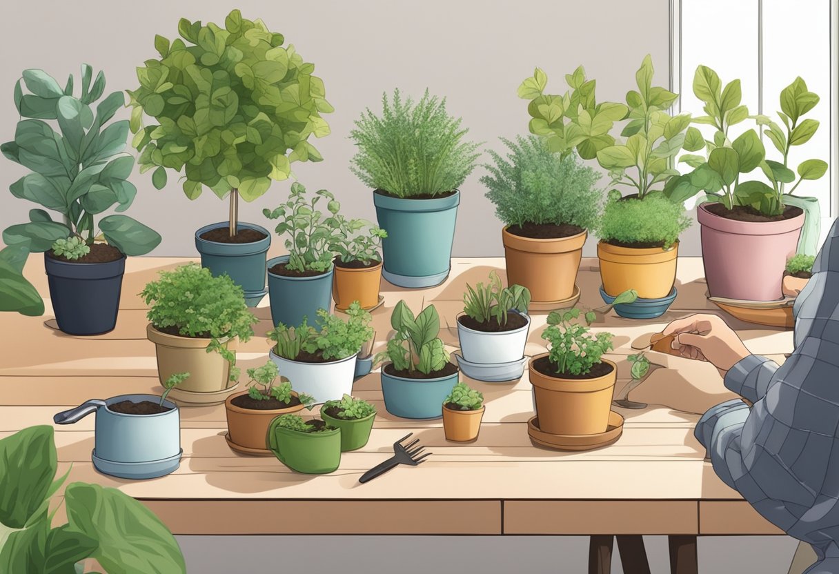 A person arranging potted plants and seedlings on a table, surrounded by gardening tools and bags of soil, getting ready for spring planting