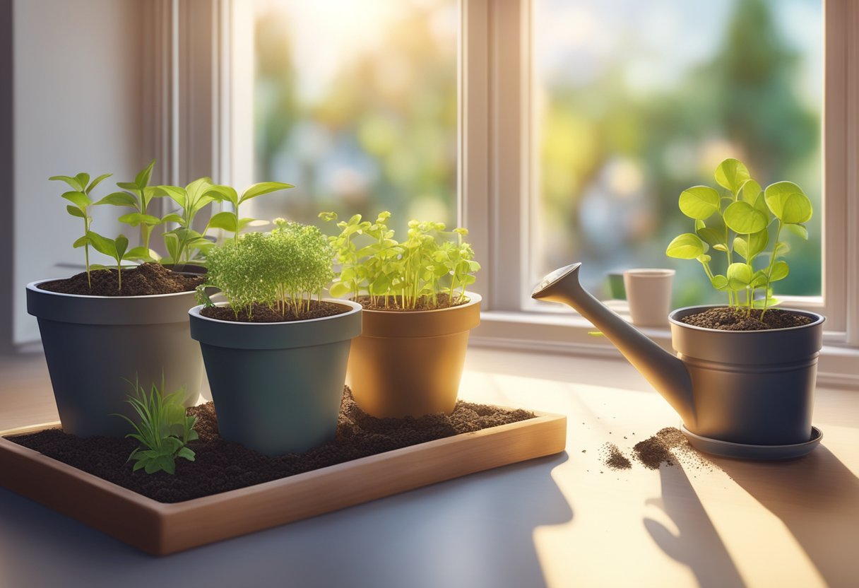 Small pots filled with soil, tiny seedlings being carefully placed, watering can nearby, soft natural light streaming in through the window