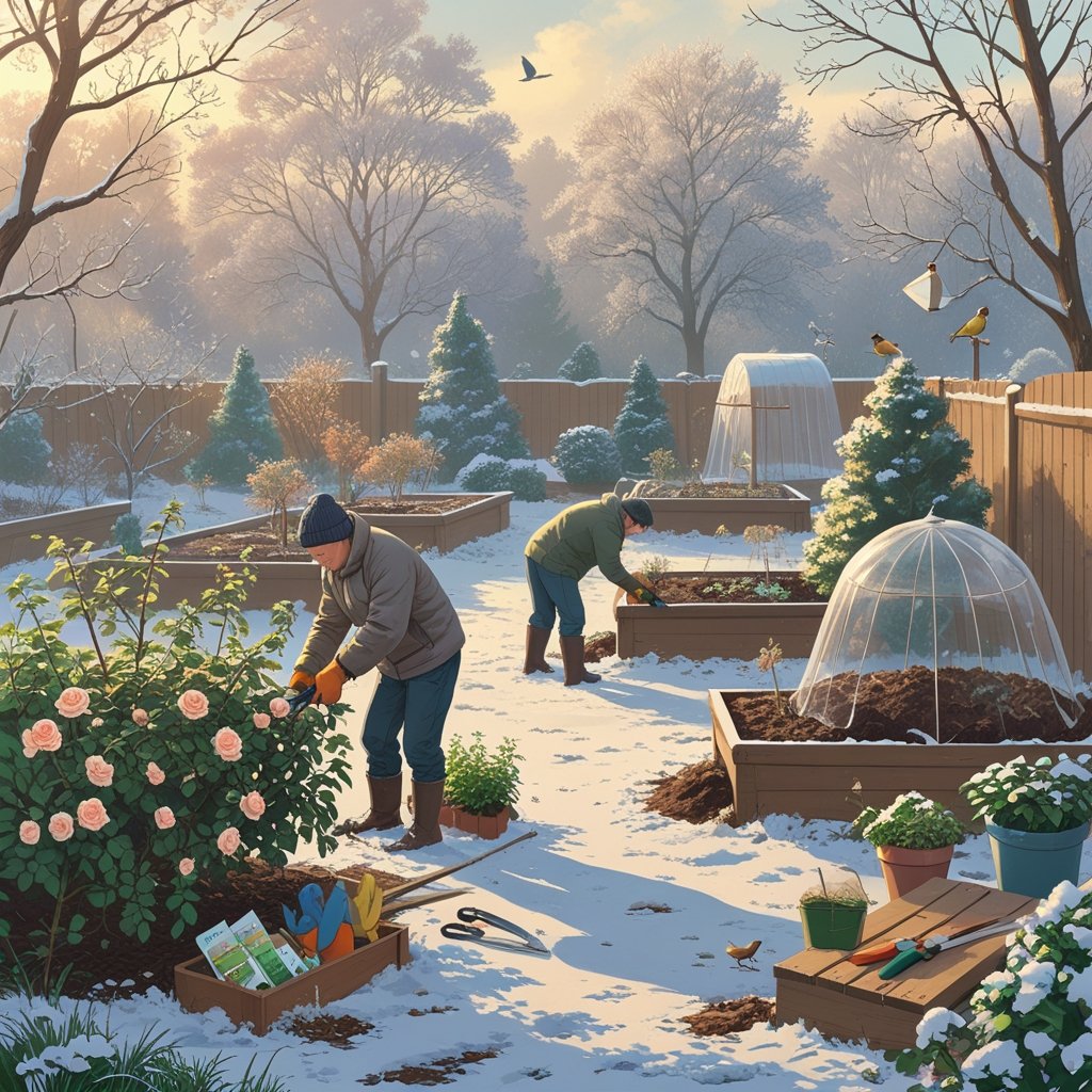 A winter garden scene showing gardeners pruning plants, spreading mulch, and covering garden beds to prepare for spring.