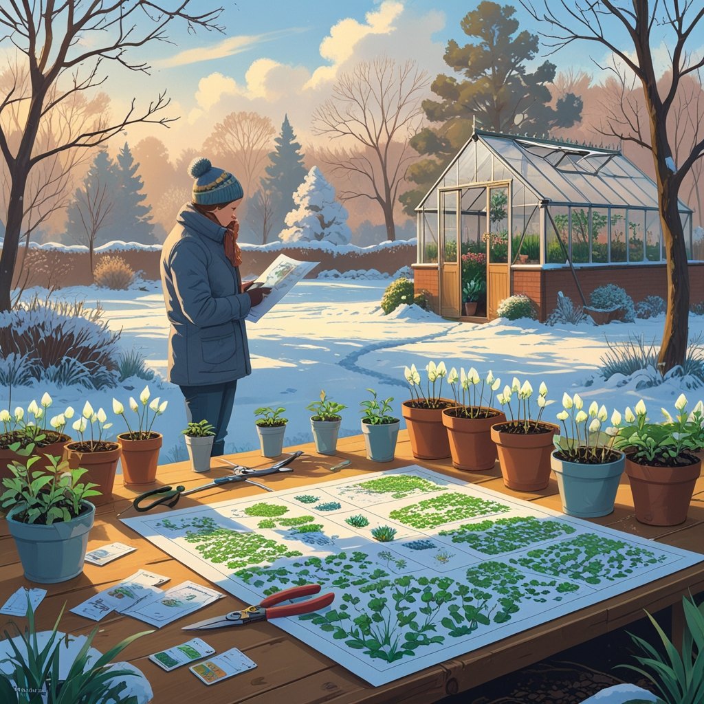 A person in winter clothes planning a spring garden with garden tools and seedlings on a table, set against a snowy garden with a greenhouse in the background.